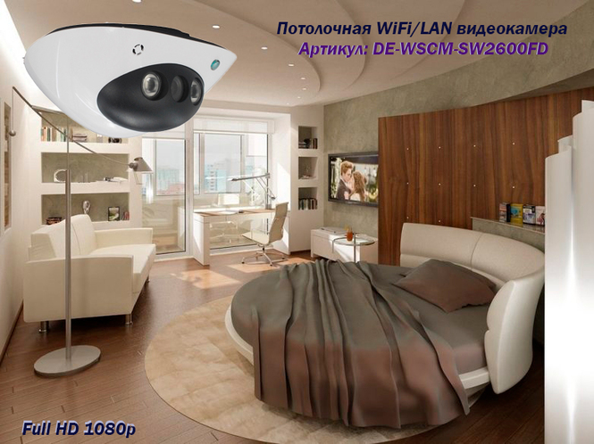Scan. Купольная WiFi/LAN телекамера с DVR и картой памяти в 32 Гб, FullHD 2MP  DE-WSCM-SW2600FD
